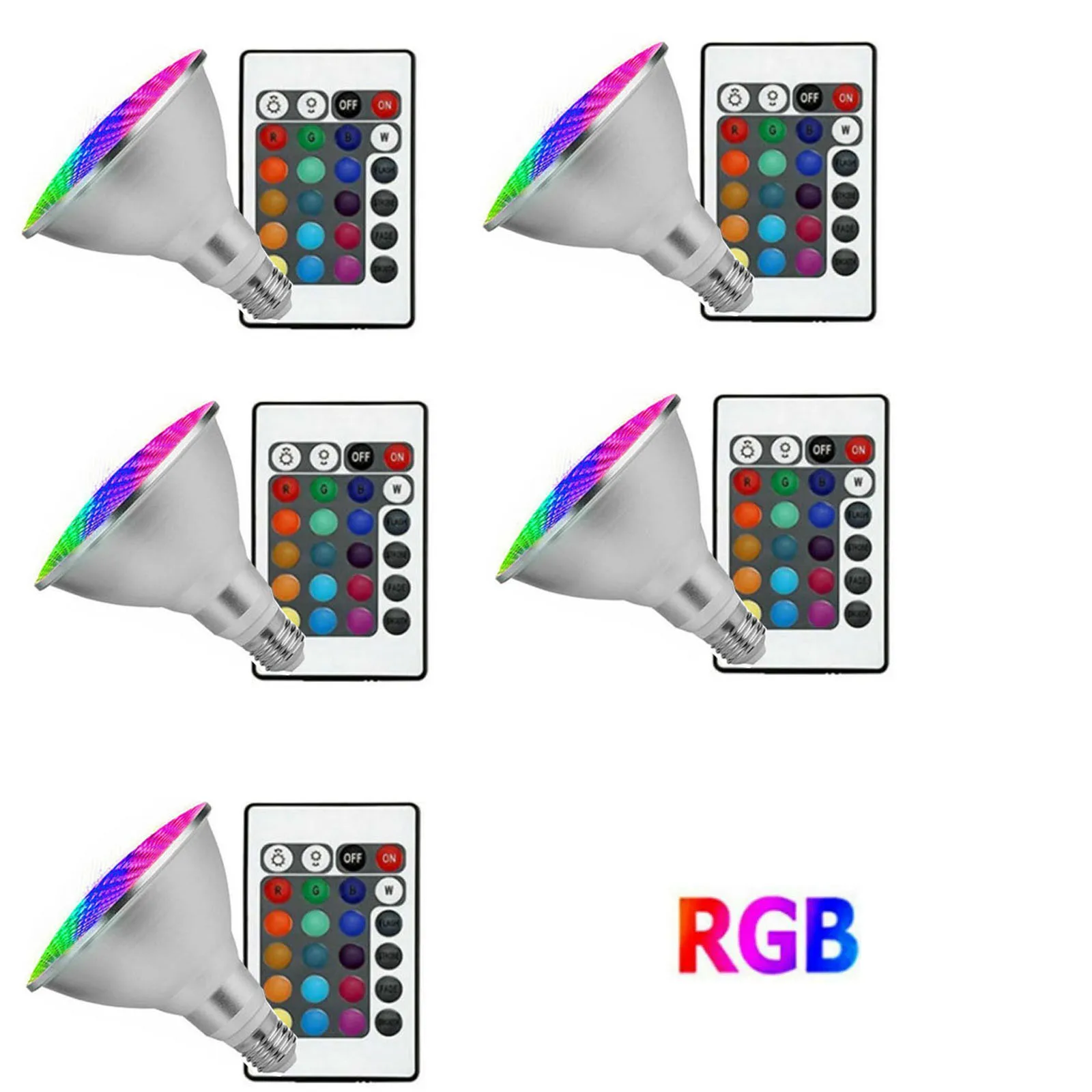 

5Pcs PAR30 PAR38 E27 RGB Dimmable 15W 25W LED Spotlight Bulb 110V 220V Flood Light Lamps With Remote Controller For Home Garden