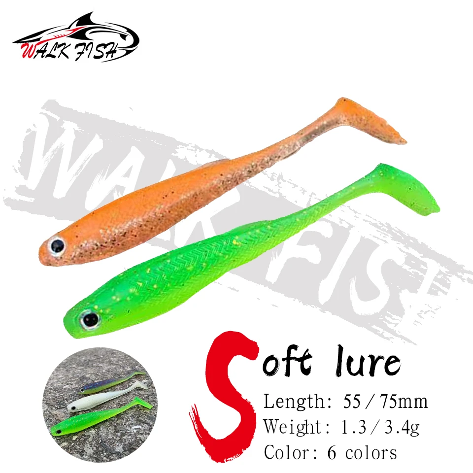 

WALK FISH 10 шт. силиконовая приманка из мягкого пластика с запахом креветок T Глянцевая приманка 55 мм 75 мм 3D глаз рыба искусственная рыболовная приманка Снасть