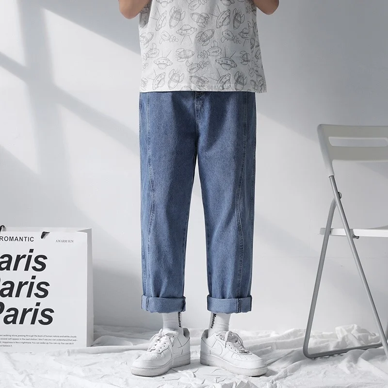 Blue/Black Grey Jeans Men Fashion Retro Casual Straight Jeans Men Streetwear Loose Hip Hop Denim Pants Mens Trousers S-2XL