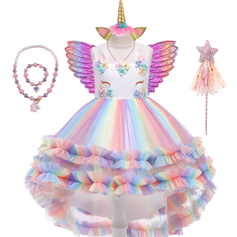 

Christmas Girls Flower Unicorn Costume Rainbow Wedding Party Dress Girl Birthday Party Unicorn Role Dance Performance Cosplay