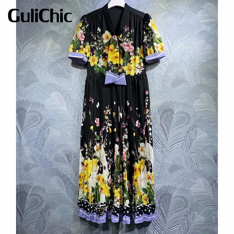 

4.1 GuliChic Elegant Floral Print Bow Collar Short Sleeve Collect Waist Pleated Loose Midi Dress Women