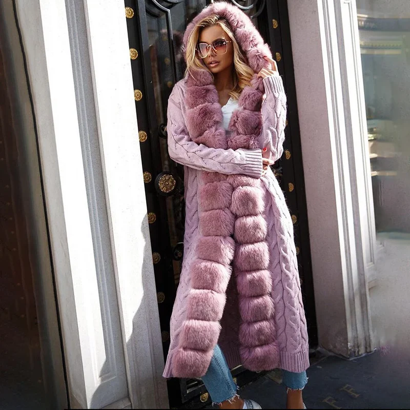 Длинный кардиган Женский вязаный свитер с капюшоном полосатый свободный зимний