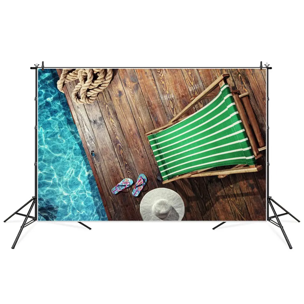 

Beach Chair Wooden Platform Top View Summer Holiday Photography Backgrounds Water Surface Party Decoration Photocall Backdrops