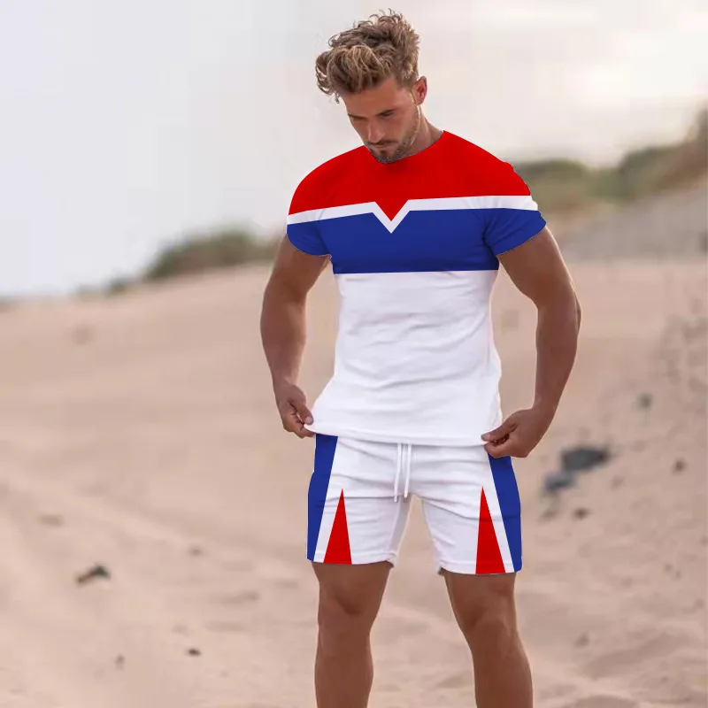 

Summer Trend Round Neck T-Shirt Youth Casual Sports Suit Men's Short-Sleeved Color-Blocking Shorts 2-Piece Set