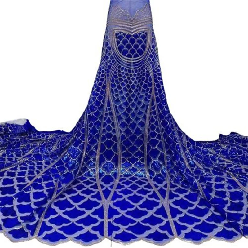

Синяя роскошная кружевная Ткань 5 ярдов Высококачественная вышивка блестками Африканское кружево нигерийский Свадебный швейный материал ...