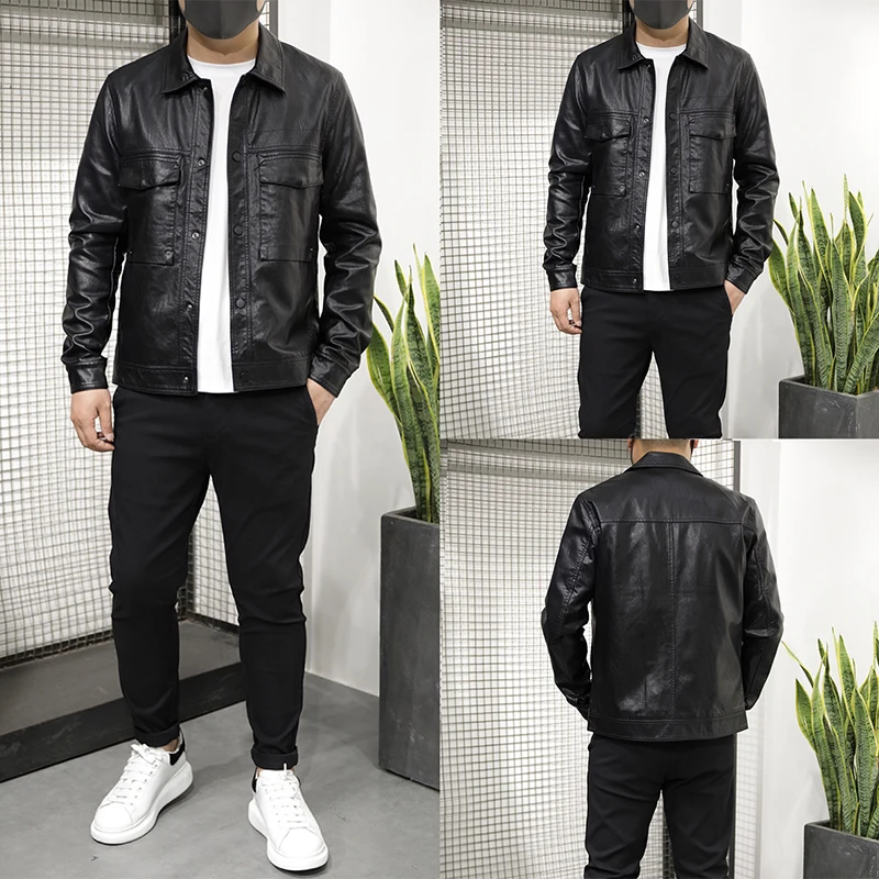 Куртка мужская кожаная приталенный силуэт с лацканами красивая мотоциклетная