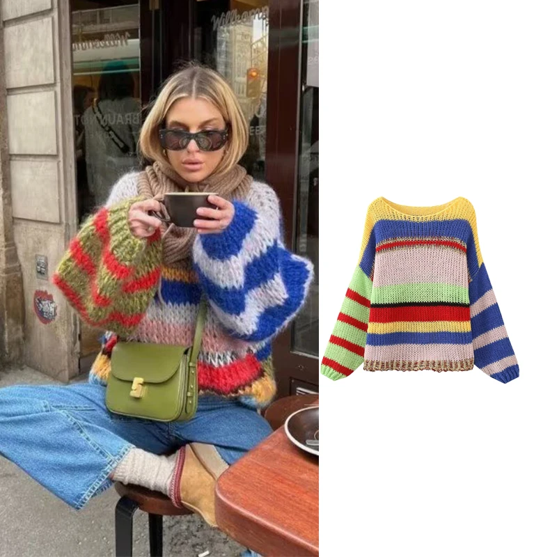 

TRAF Striped Oversize Sweater Woman Pullover Knitted Sweaters for Women Puff Sleeve Street Knitwears Autumn Top Casual Sweaters