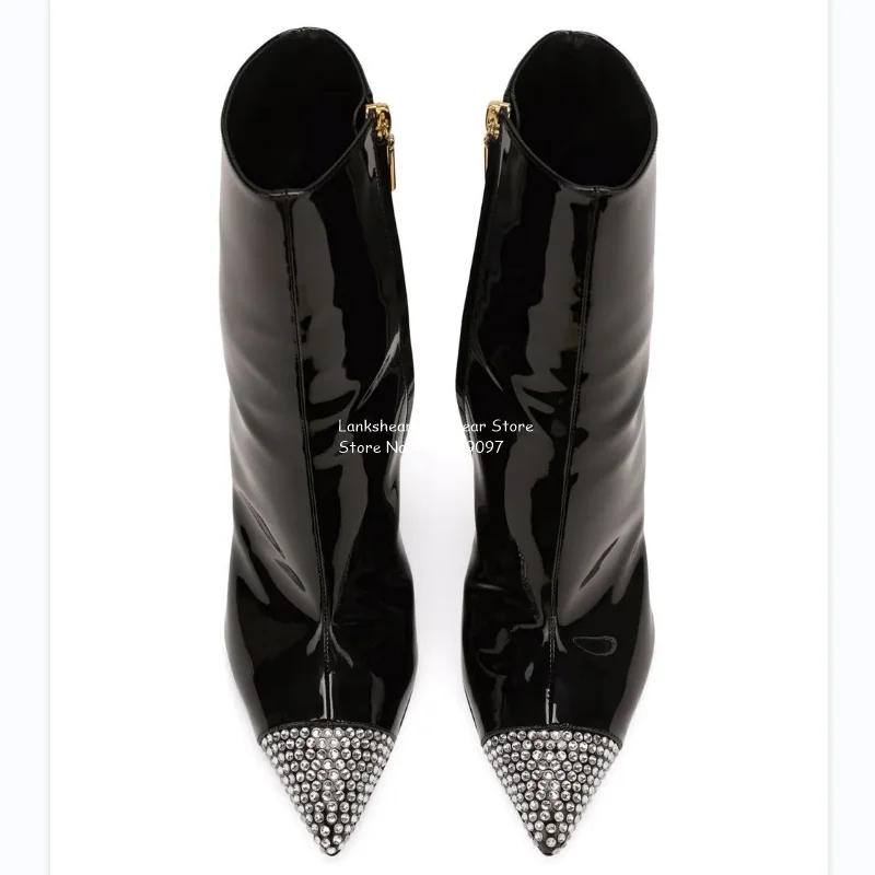 Women Patent Leather Black Crystal Embellished  Ankle Boots Pointed Toe Stiletto Interior Zipper Elegant Boots Plus Size 34-43