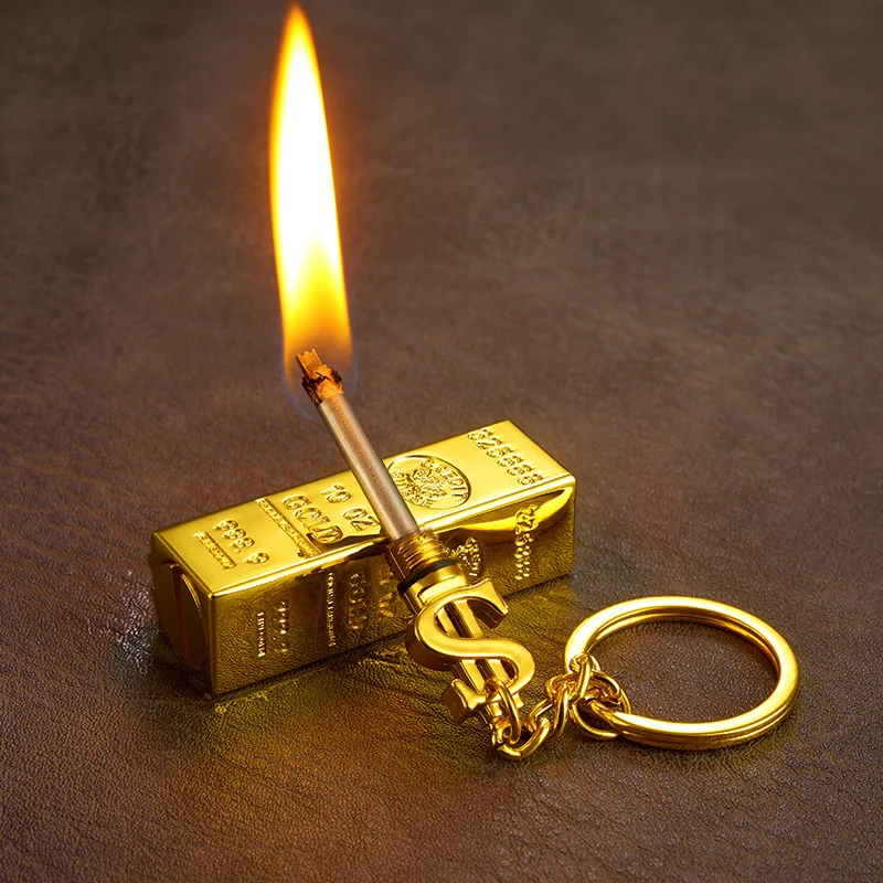 

Portable Gold Bar Kerosene Lighter Key Chain Waterproof Metal Luster Imitation Gold Brick Keychain Luxury Pendant Gifts for Man