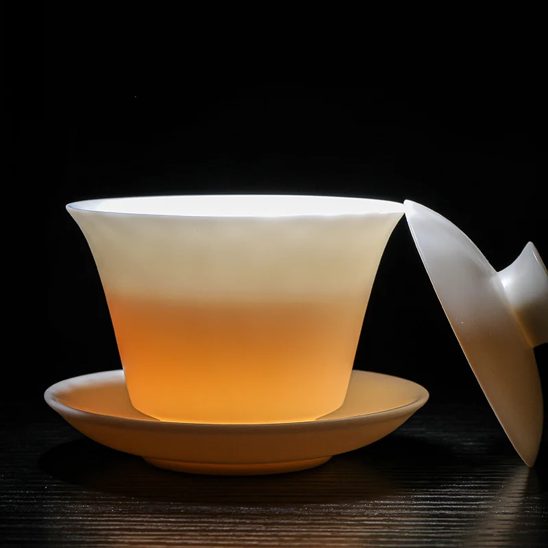 

Suet Jade Bisque-fired White Porcelain Handmade Sancai Covered Bowl Kung Fu Tea Set Ceramic Tea Bowl Mug With Saucer
