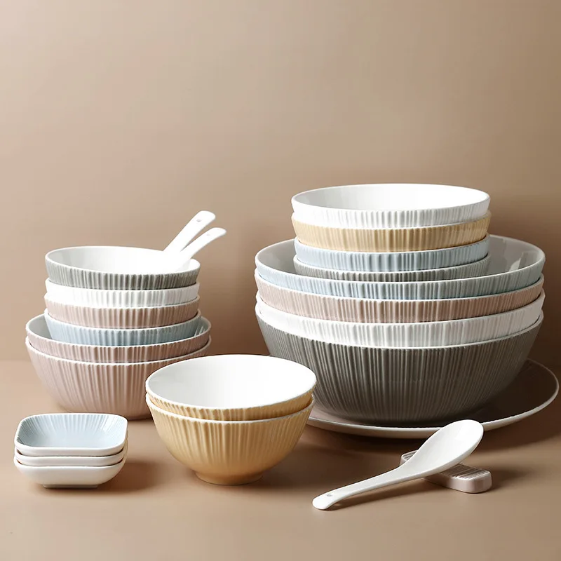 

Ceramic Stripe Bowl Plate Sauce Dish Spoon Dining Plate Set Creative Relief Bowl Gift Kitchen Supplies Nordic Style Tableware