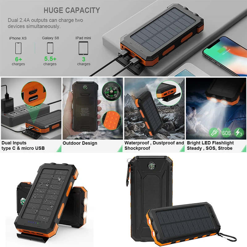 łączność mobilna na energię słoneczną 10000 mAh z kompasem do telefonu komórkowego