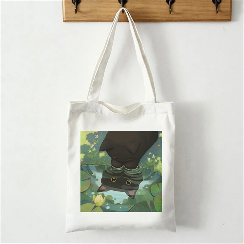 

Shopping reusable Canvas Bags Tote Bag Eco Handbags Female Black Cat harajuku Art kawaii Cartoon Bolsas
