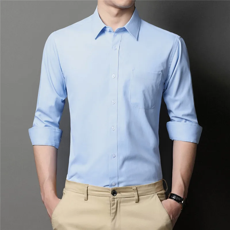 Mattswag Mens Regular Fit Solid Color Long Sleeve Formal T Shirts Classic Breathable Men's Clothing Casual Slim Shirts Camisas