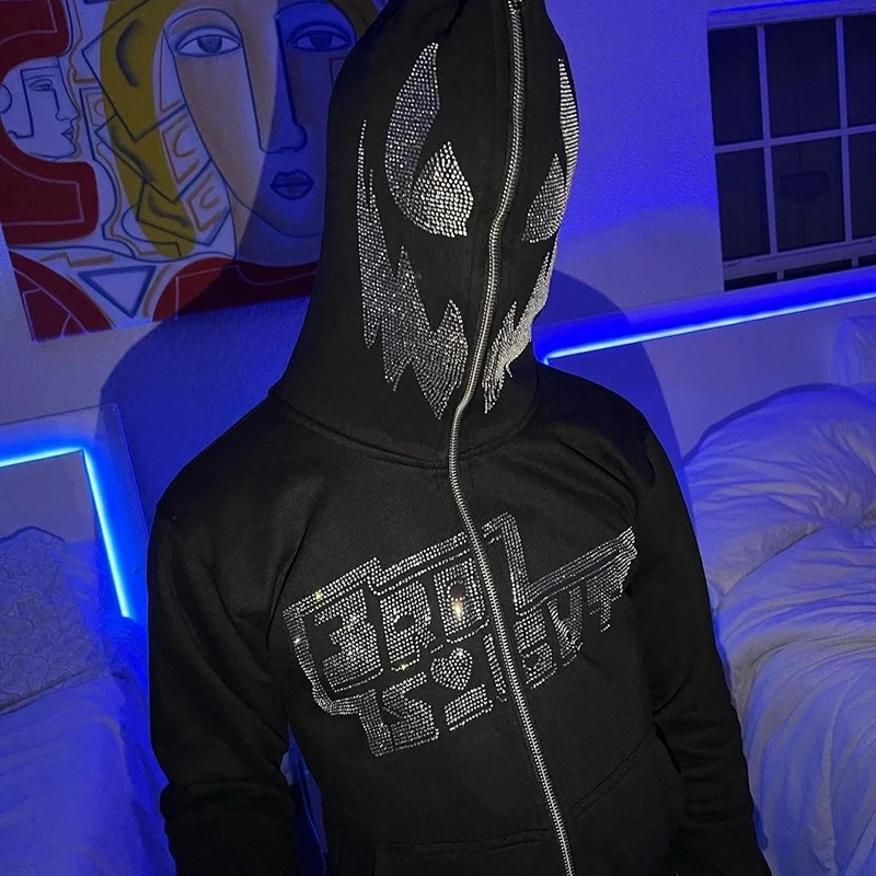 

Осенняя одежда, толстовка с капюшоном на молнии, мужские толстовки, уличная одежда, оверсайз Y2k, Готическая куртка, свитшоты, толстовка с кап...