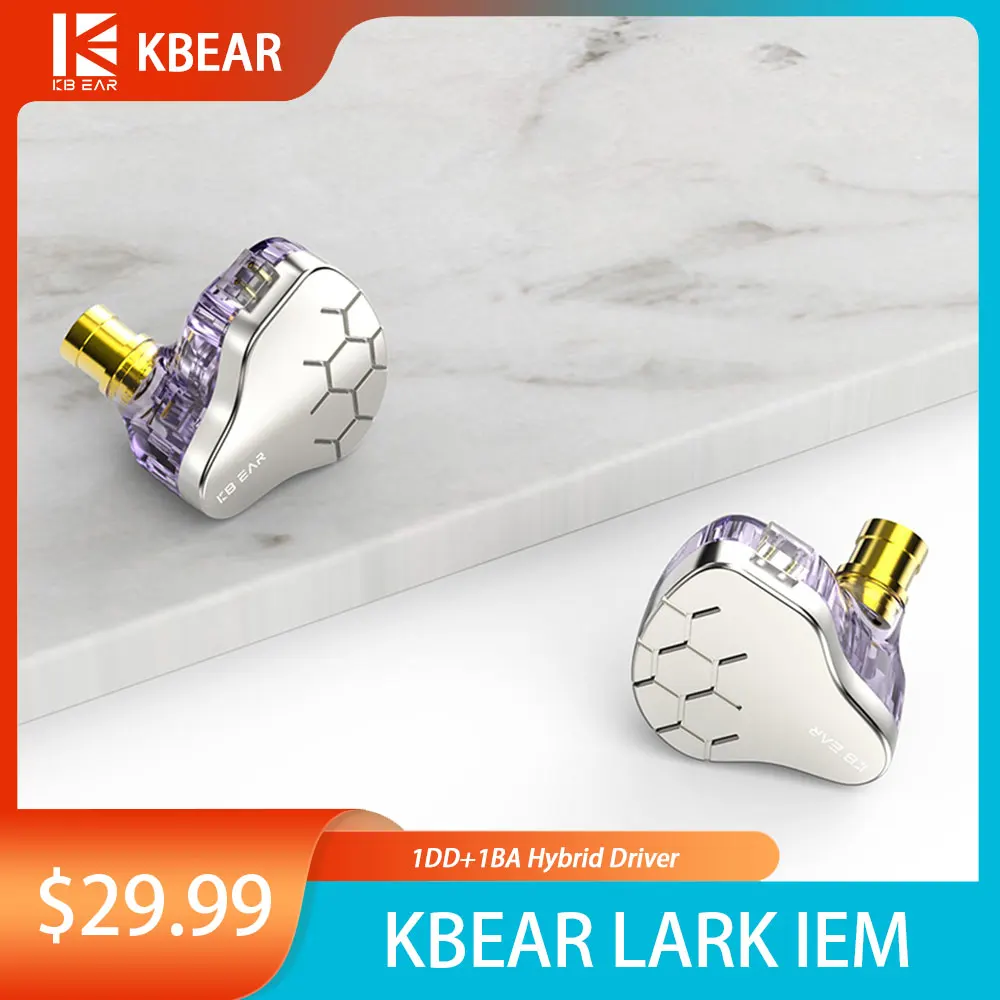

KBEAR Lark Wired Best In Ear HiFI IEM Earphone Monitor 1DD+1BA Hybrid Driver Bass Headphone with Mic 4N Silver Plated 2PIN Cable