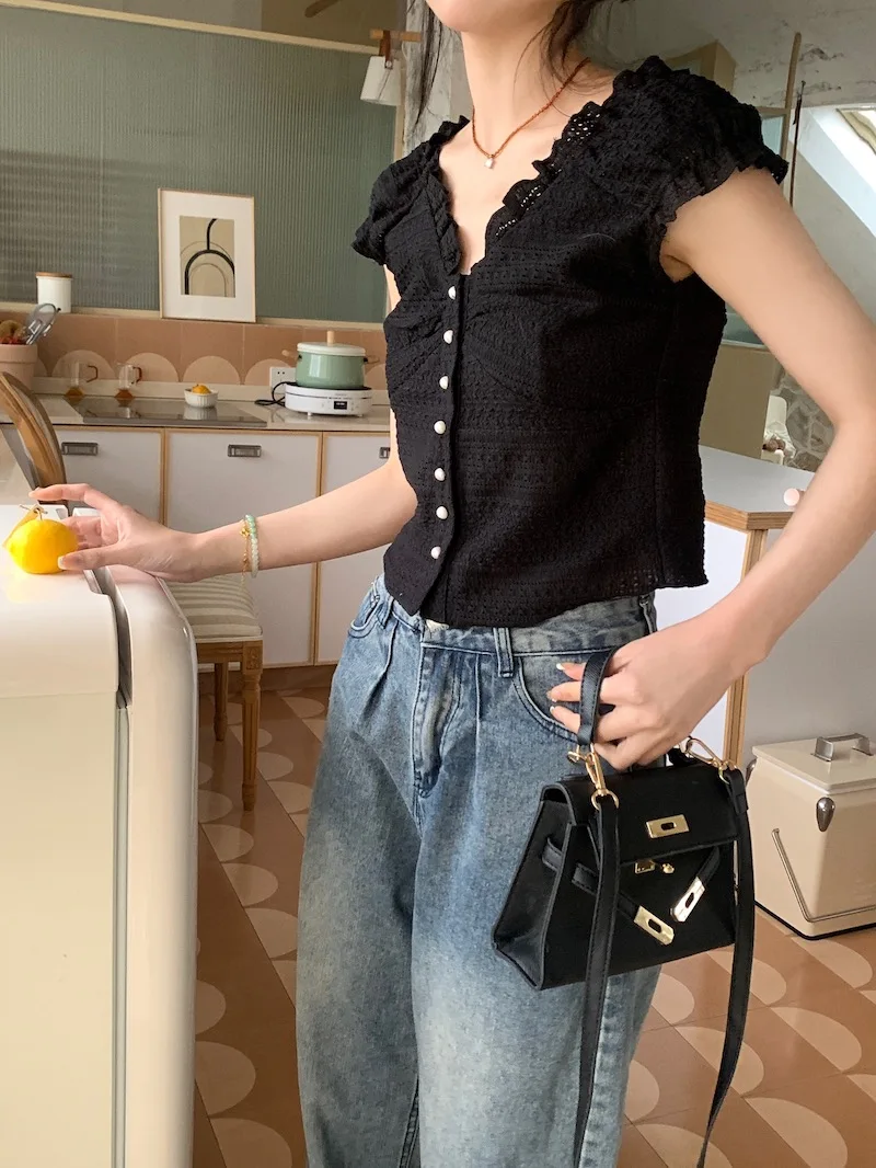 Французские винтажные кружевные рубашки Korobov приталенные блузки с летящим