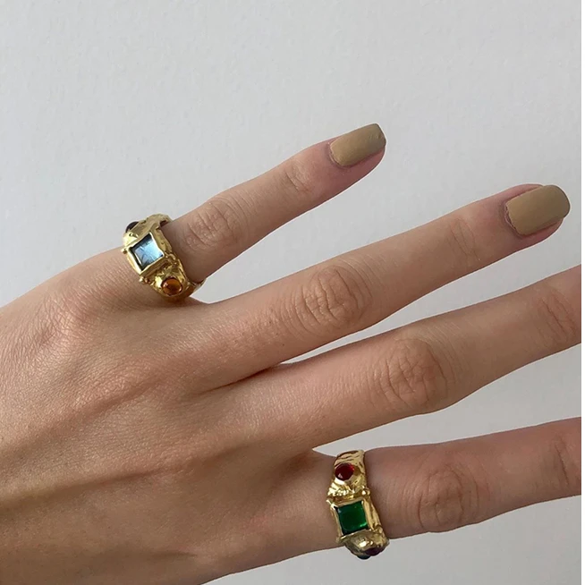 

S925 Silver Niche Vintage Multicolor Vintage Inlaid European and American Gold-Plated Gemstone Ring