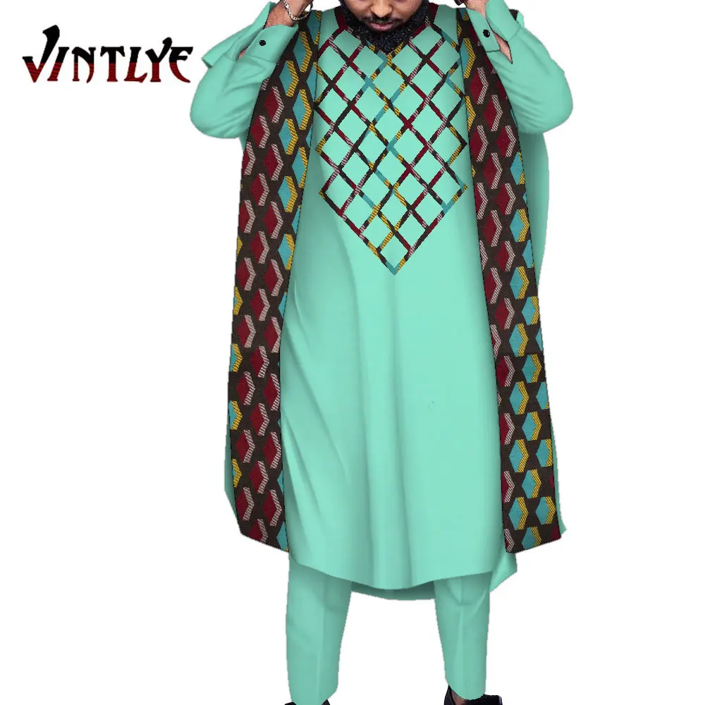 African Clothes for Men Nigerian Agbada Robe Suit Dashiki Men Robe Suit Bazin Riche Men Abaya African Party Clothes WYN1563