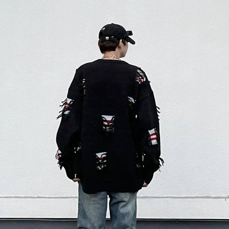 Мужская одежда пальто пуловеры вязаный свитер мужская куртка с дырками рваная
