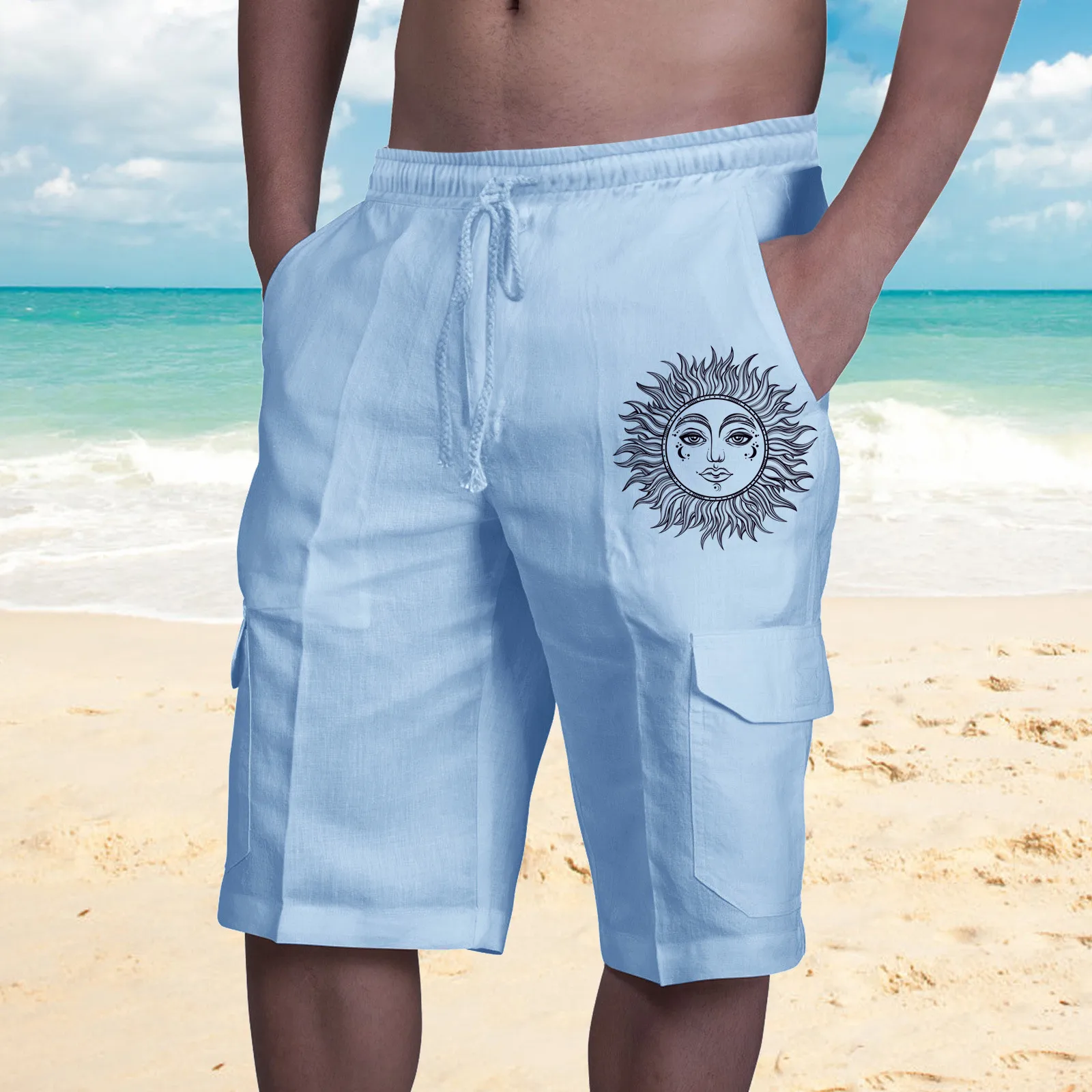 

2022 Men's Casual Sweat Shorts Sun Flower Print Middle Pants Pocket Drawstring CottonLinen Shorts Men Beach Beach Shorts M-3XL