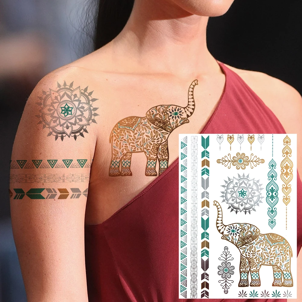 

Indian Golden Elephant Flower Temporary Tattoos For Women Adult Realistic Lion Skull Snake Fake Tattoo Sticker Sexy Chest Tatoos