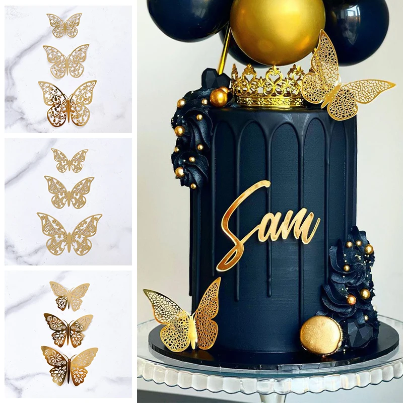 

12 шт. 3D бабочка металлическая Текстурная бумага день рождения торт Topper золото 3D полый выпечки торт Topper для свадьбы