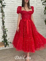 a line cocktail dresses princess puffy dress party wear engagement ankle length square neck short sleeve tulle with bows pleat