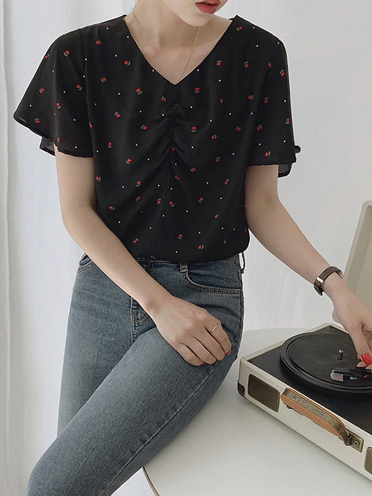 

BETHQUENOY Fashion Women Clothing 2022 Summer Short Sleeve Top V Neck Gathered Floral Print Chiffon Blouses Tops Poleras Mujer