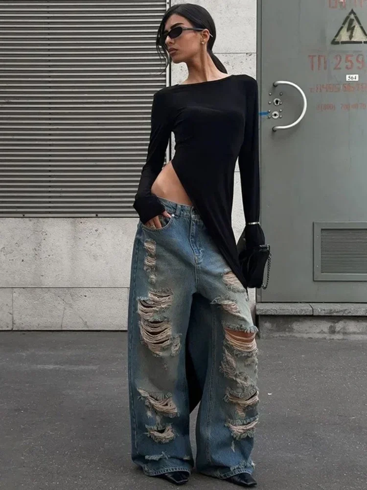 Уличная одежда Y2k тонкое облегающее платье с круглым вырезом и длинными рукавами