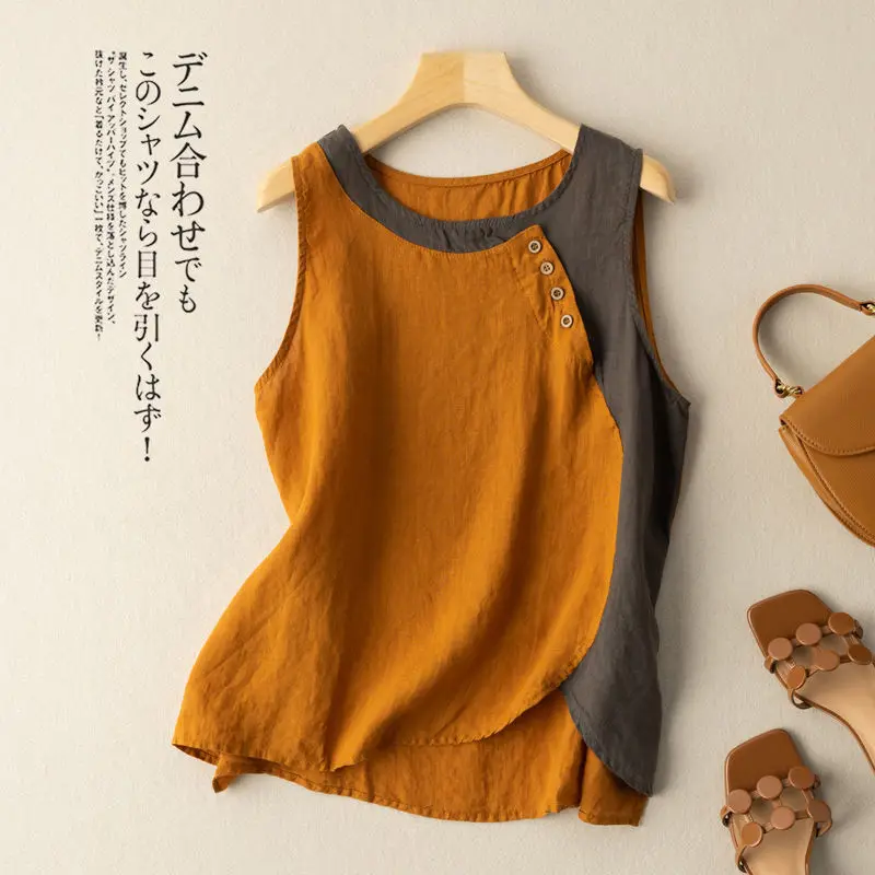 

Cotton and linen vest women's large size 2021 summer new fashion design sense color matching loose casual retro pullover top