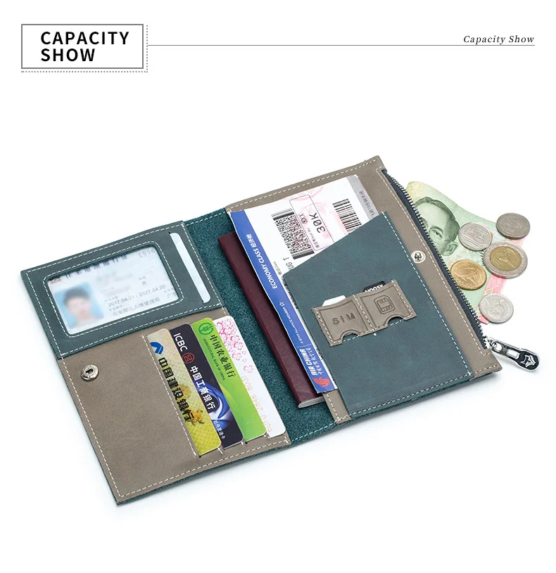 Unisex Mutifunction Passport Cover Bag Ultrathin Money Clips Genuine Leather Passport Passenger Ticket Wallet Zipper