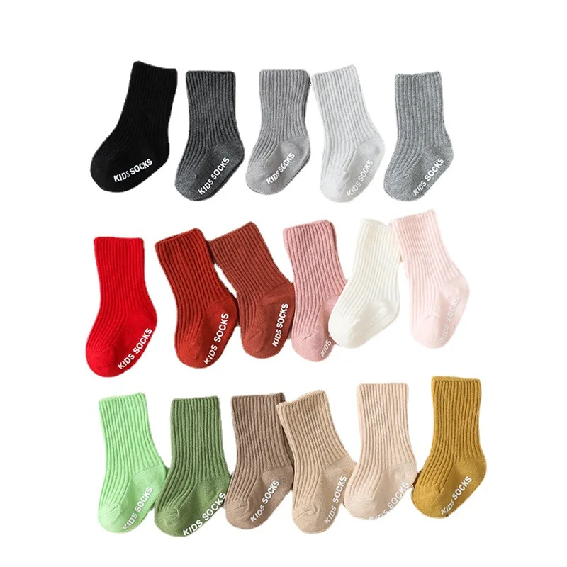 

Kids Children Socks Vertical Stripe Boys Girls Solid Color Floor Mid-calf Length Anti-slip Winter Autumn Sock 0-3Y