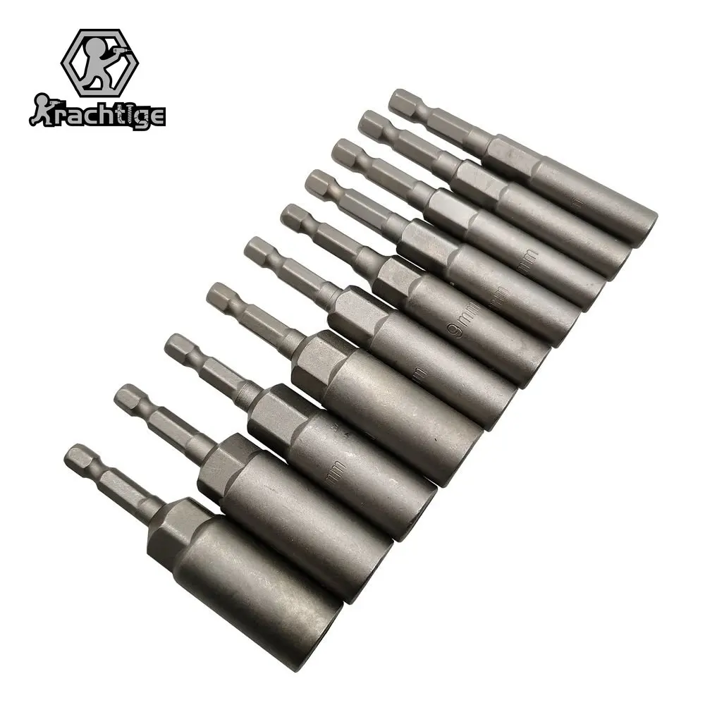 15Pcs / 10Pcs 80mm Length Deepen Power Nut Driver Drill Bit Set 5.5-19MM Impact Socket Adapter For Power Tools 6.35MM Hex
