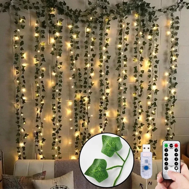 12 Pcs 2M Artificial Ivy Garland Fake Plants Vine Hanging Garland with 3X2M 200LED Light Hang for Home Wedding Garden Decoration