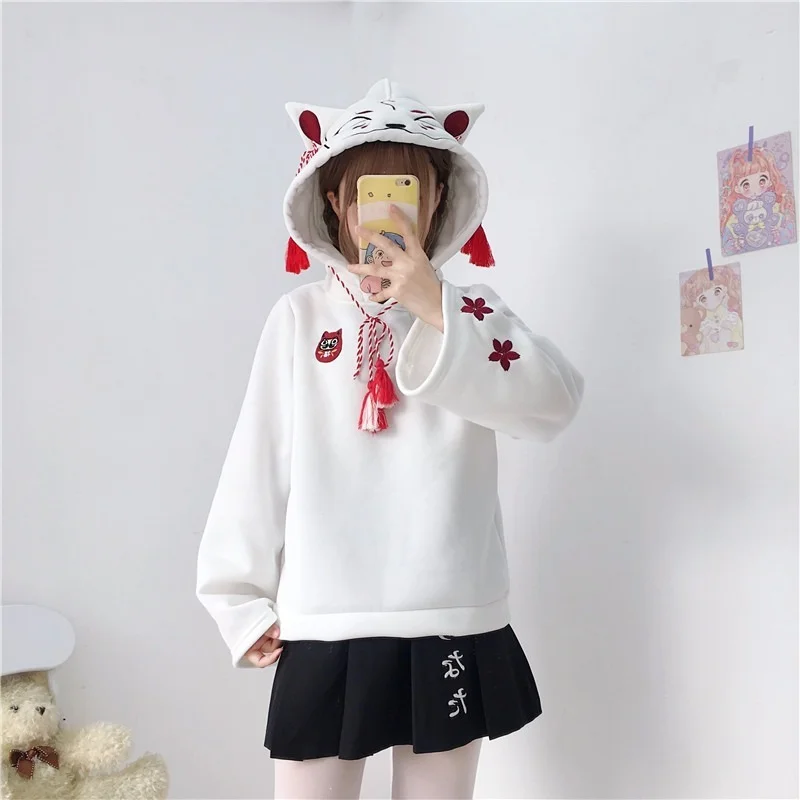 

White Fox Cosplay Tassel Hoodies Shrine Witch Embroidery Sweatshirts Kawaii Women Plush Pullovers Cute Japanese Anime Clothing