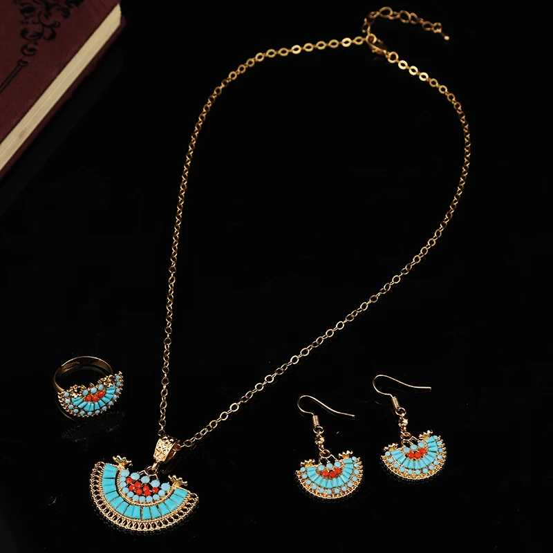 

Arab Wedding Jewelry Luxury Gold Plated Necklace Moon Shaped Natural Blue Stone Earrings Muslim Bridal Jewelry Gift