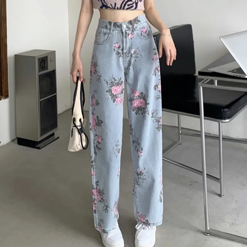 

Flowers Print Jeans Women Vintage High Waist Denim Long Pants Fashion Autumn Casual Wide Leg Full Length Denim Trousers