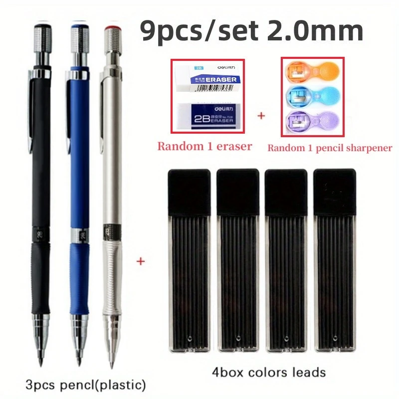 

Механические карандаши 2,0 мм, черный/цветной, 2B, 9 шт.