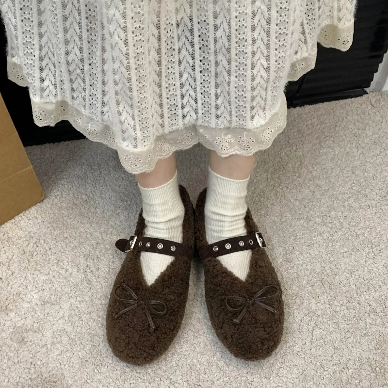 Новые зимние туфли на плоской подошве женские с круглым носком и узлом-бабочкой