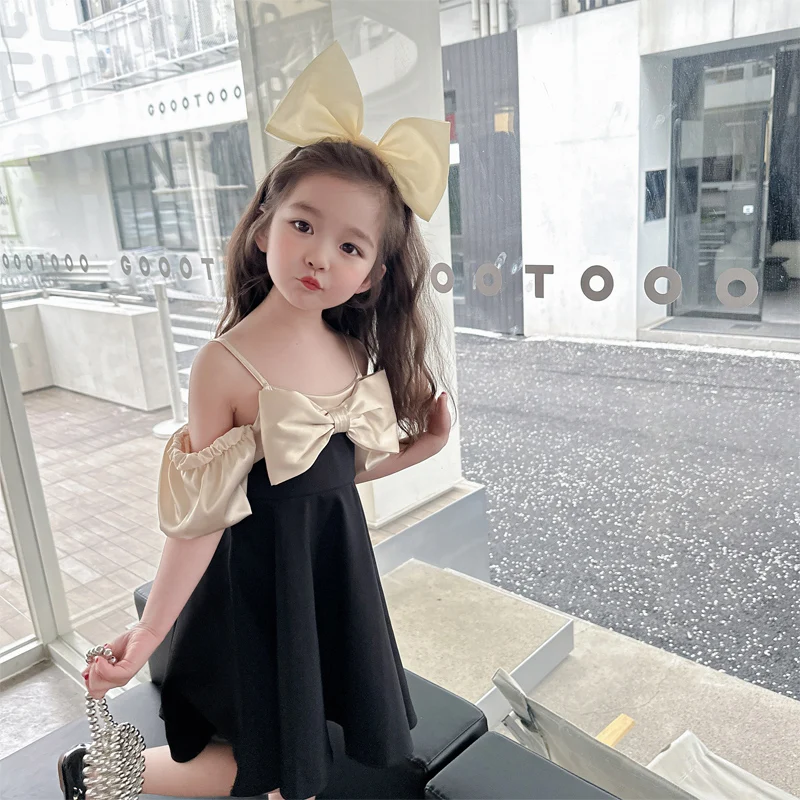 

2023 Girls Summer Suspend Dresses Black with Big Bowknot Casual Party Dress 5-10 Year Children's Clothing Costumes
