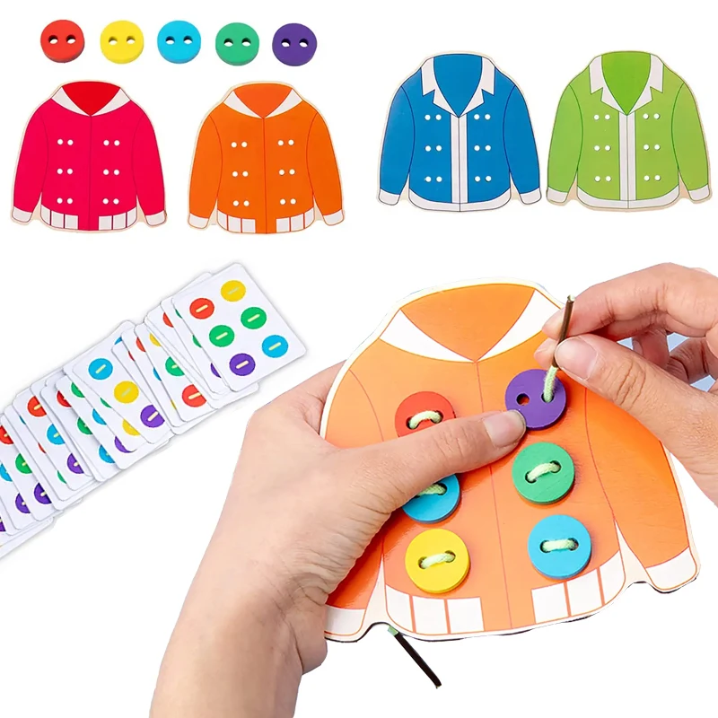 

1 set childrens fun montessori learn basic life skills teaching aids clothes threading button sewing board game educational toys