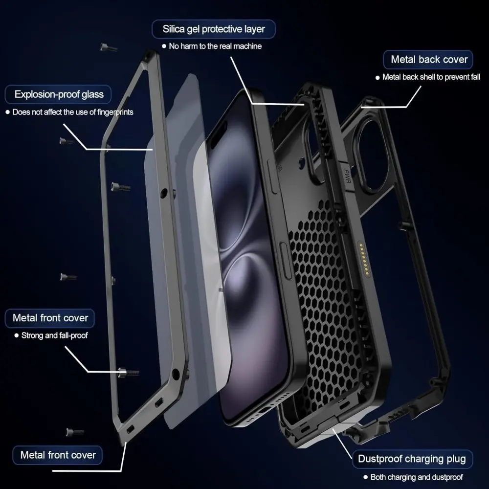 Прочный защитный чехол Armor для iPhone 16 15 13 12 11 Pro Max XS XR 8 7 14 Plus SE металлический