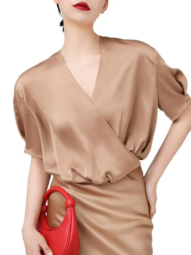 

Summer Women's Satin Slim Cross V-neck Shirt Short Sleeve Bottom Button Design Temperament Casual Streetwear with Ties