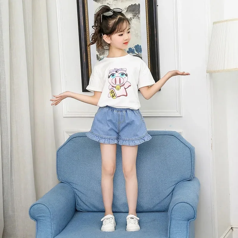 

2022 летние брюки для девочек, детские синие джинсовые шорты с оборками, милые спортивные брюки для подростков 5, 6, 8, 9, 10, 11, 12 лет