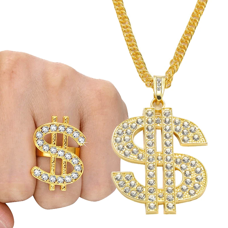 

Gold Dollar Sign Shape Alloy Crystal Pendant Necklace Ring Hip Hop Jewelry for Woman Men Boy Party Gift Wedding Male Accessories