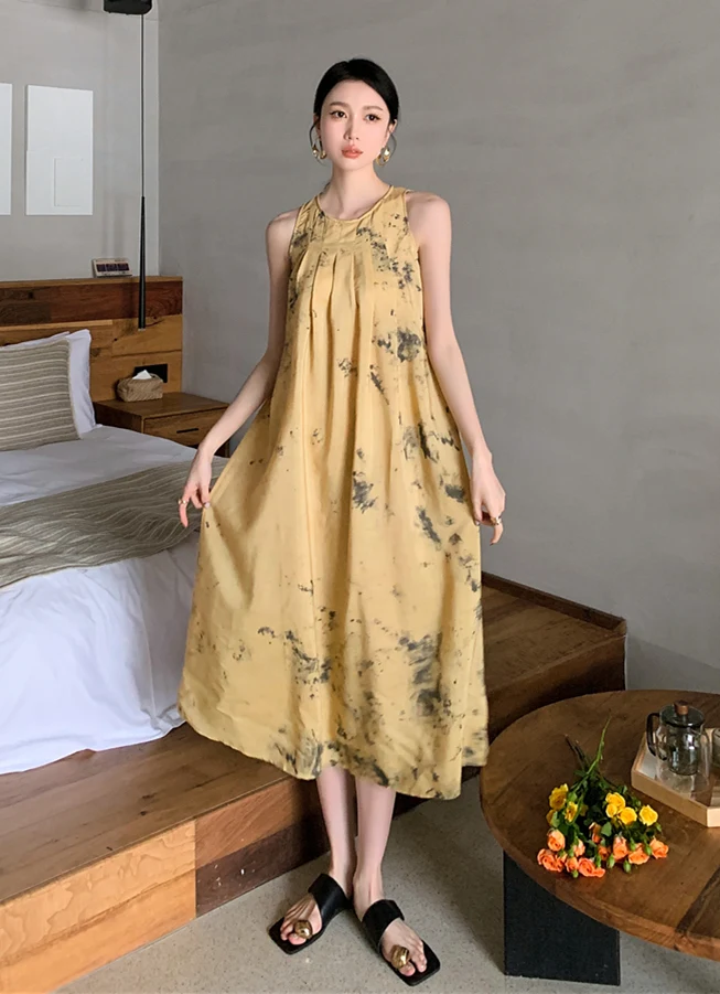 

Женское ТРАПЕЦИЕВИДНОЕ ПЛАТЬЕ в китайском стиле, платье до середины икры с желтым чернильным принтом, юбка с воротником-стойкой без рукавов на лето