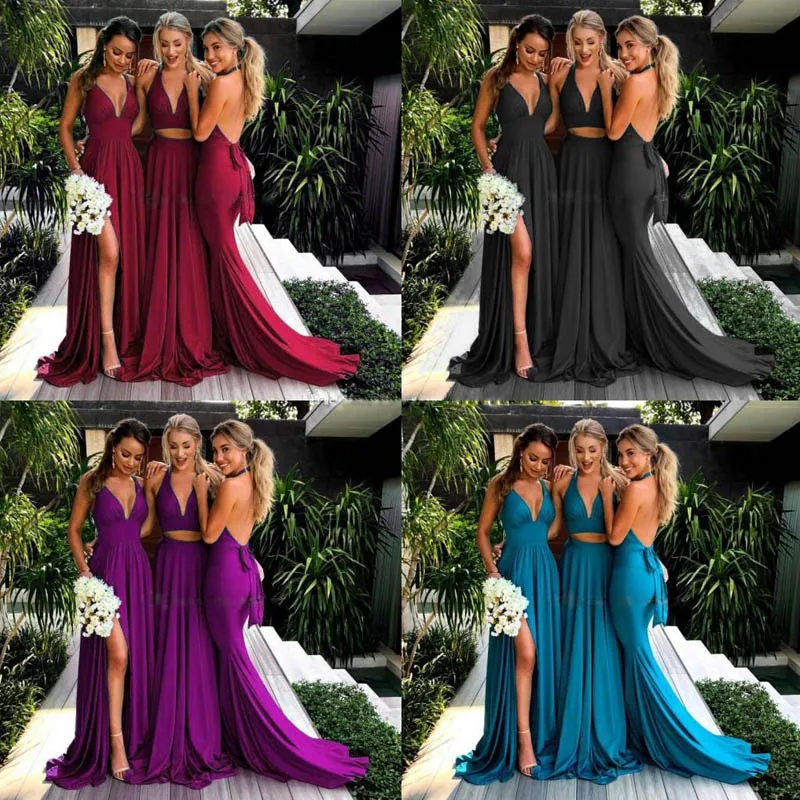 

Q&Z Temperament Long Sister Group Robe 2021 V Neck Cheap Bridesmaid Dress Slit Party Dinner Dress Gowns De Fiesta De Noche
