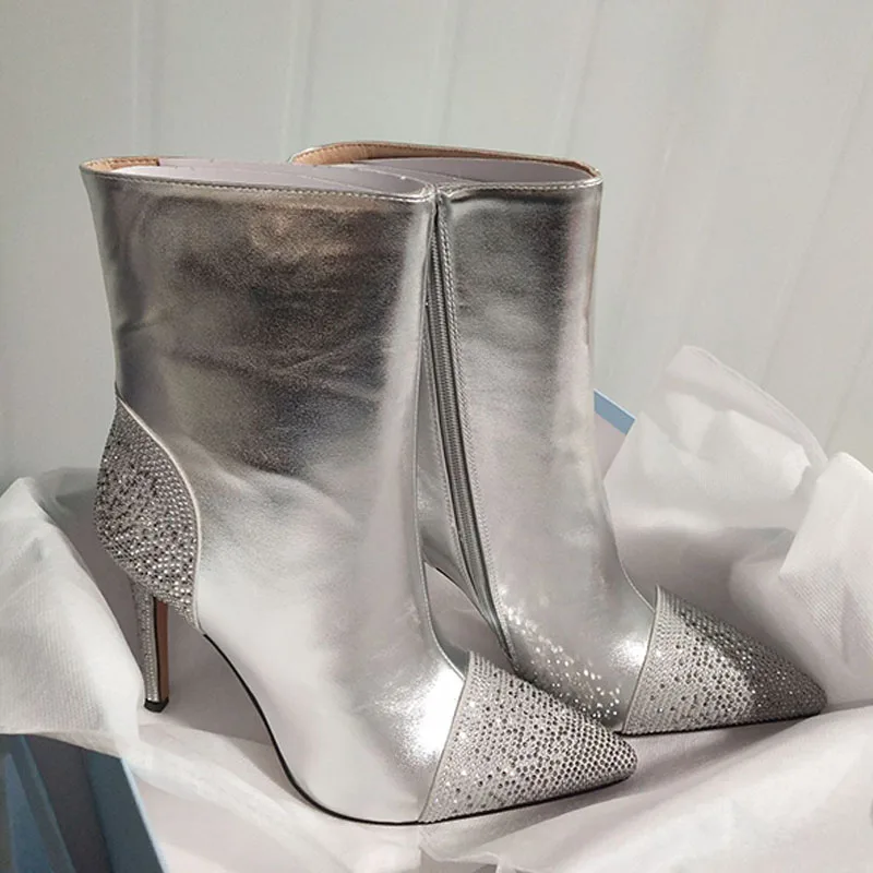 2022 Winter New Fashion Stitching Rhinestone Large Size Stiletto High Heel Short Boots Women's Boots