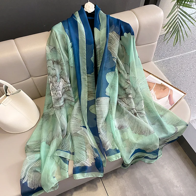 

Big Floral Shawls Soft Thin Silk Scarf Women Foulard 2023 Summer Beach Stoles Fashion Hijab Sunscreen Wraps Bufanda 190*135Cm